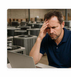 hvac business owner in front of a computer struggling with marketing